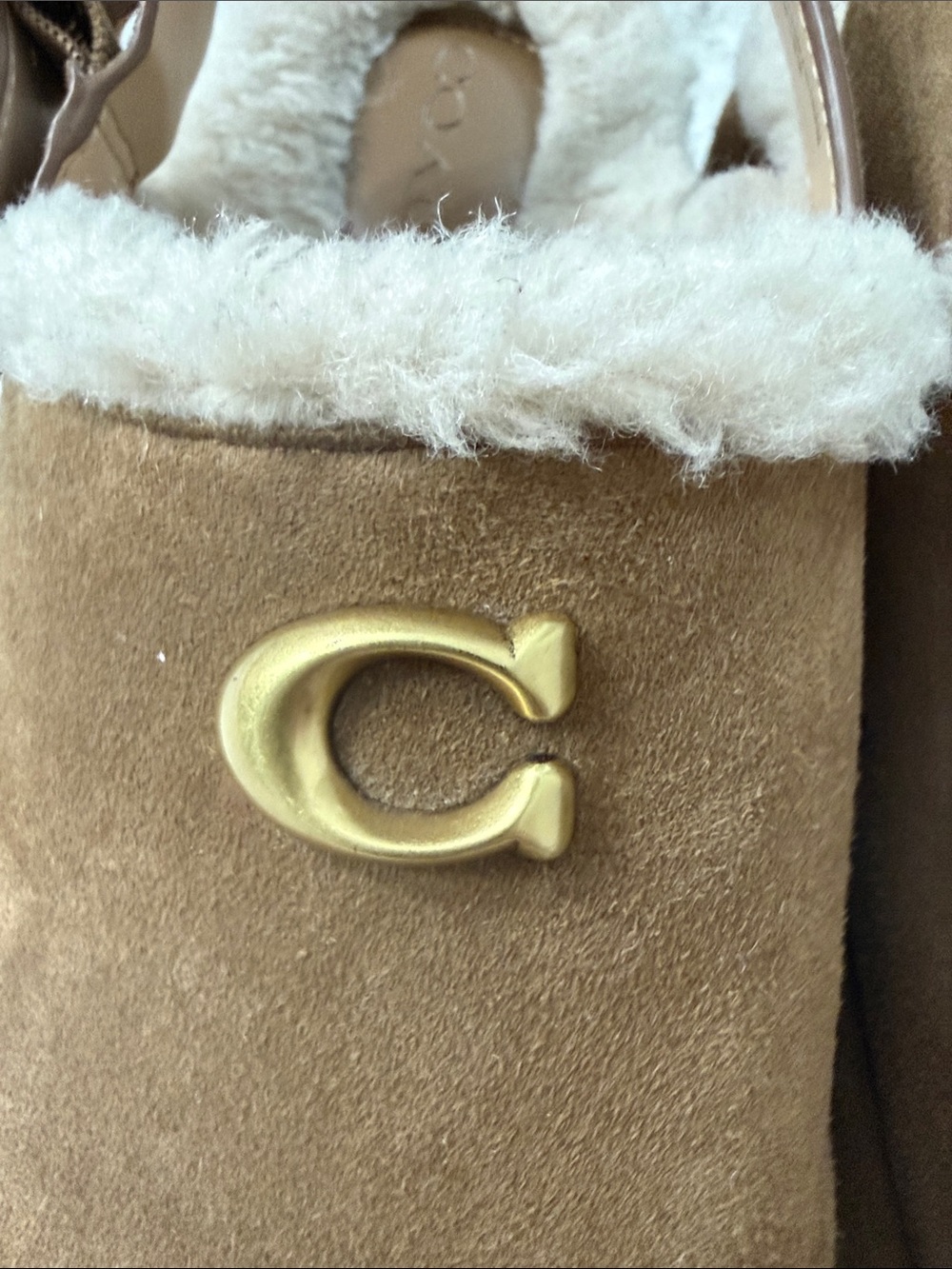 Coach ladies size 7 ..new .. Suede Shearling-Trim Clog with Gold 'C' Accen - Picture 2 of 8